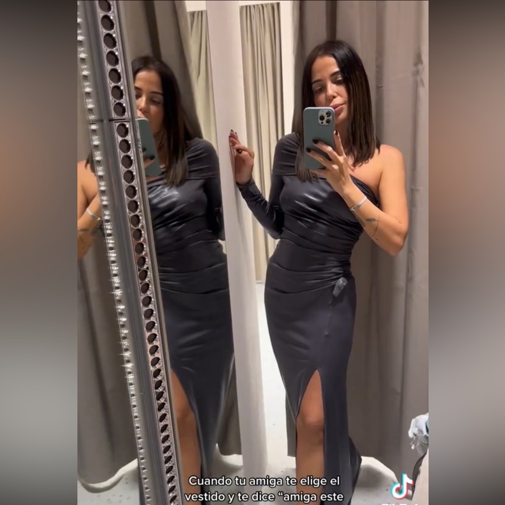 Zara Sparkly Grey One Shoulder Dress (Wet Look)